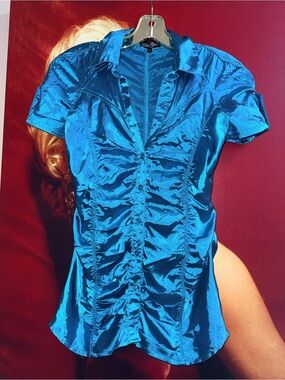 Satin Ruched Short-Sleeve Blouse in Bright Blue